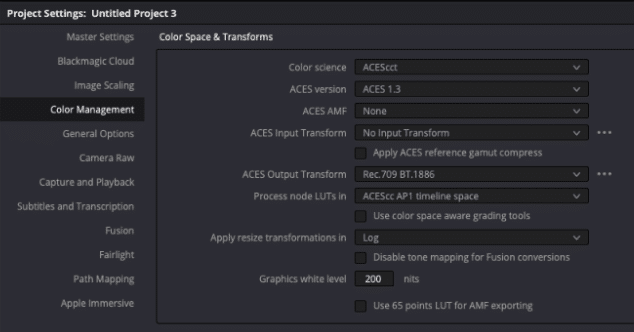 Setting up the basic project settings for ACES 1.3 in DaVinci Resolve